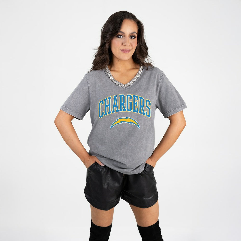 Los Angeles Chargers Gameday Couture Women's Relaxed Iconic Edge Rhinestone V-Neck T-Shirt Gray | NFL