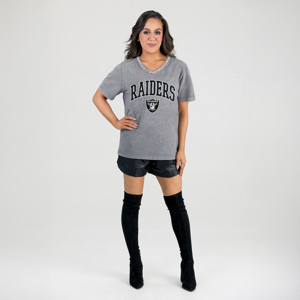 Las Vegas Raiders Gameday Couture Women's Relaxed Iconic Edge Rhinestone V-Neck T-Shirt Gray | NFL