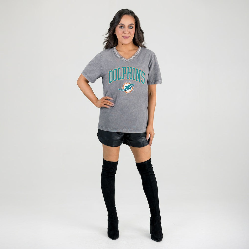 Miami Dolphins Gameday Couture Women's Relaxed Iconic Edge Rhinestone V-Neck T-Shirt Gray | NFL