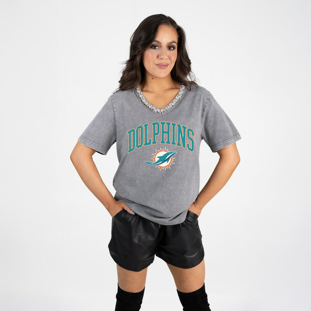 Miami Dolphins Gameday Couture Women's Relaxed Iconic Edge Rhinestone V-Neck T-Shirt Gray | NFL