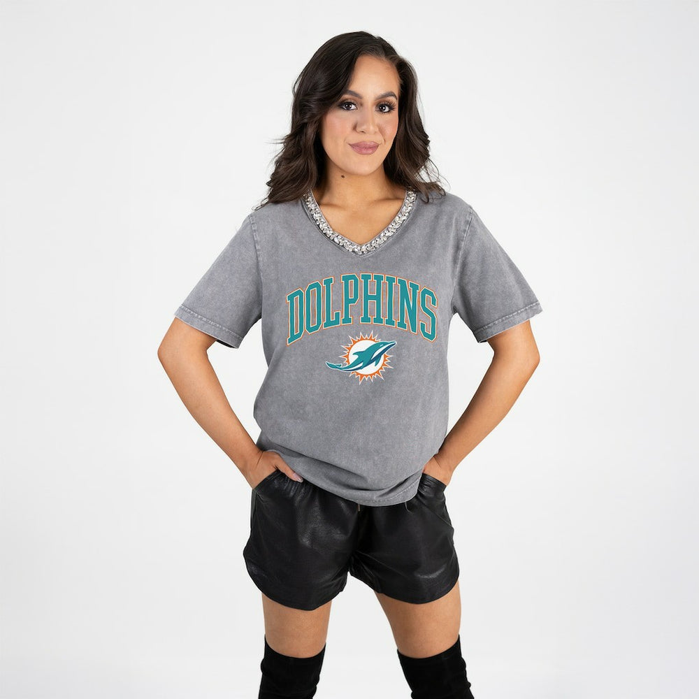 Miami Dolphins Gameday Couture Women's Relaxed Iconic Edge Rhinestone V-Neck T-Shirt Gray | NFL