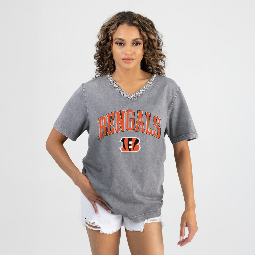 Cincinnati Bengals Gameday Couture Women's Relaxed Iconic Edge Rhinestone V-Neck T-Shirt Gray | NFL