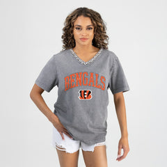 Cincinnati Bengals Gameday Couture Women's Relaxed Iconic Edge Rhinestone V-Neck T-Shirt Gray | NFL