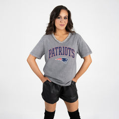 New England Patriots Gameday Couture Women's Relaxed Iconic Edge Rhinestone V-Neck T-Shirt Gray | NFL