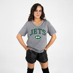 New York Jets Gameday Couture Women's Relaxed Iconic Edge Rhinestone V-Neck T-Shirt Gray | NFL