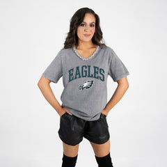 Philadelphia Eagles Gameday Couture Women's Relaxed Iconic Edge Rhinestone V-Neck T-Shirt Gray | NFL