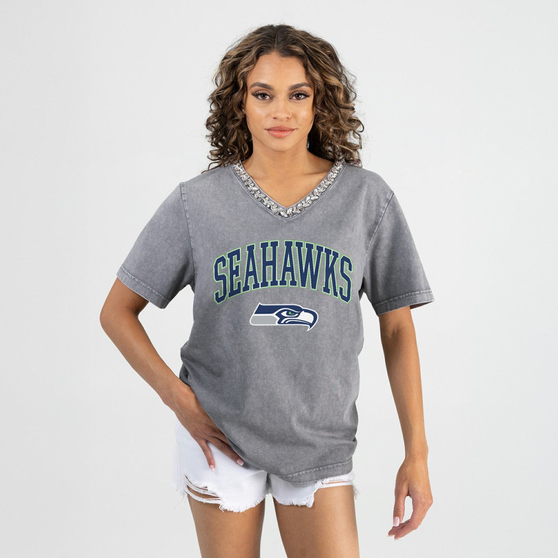 Seattle Seahawks Gameday Couture Women's Relaxed Iconic Edge Rhinestone V-Neck T-Shirt Gray | NFL