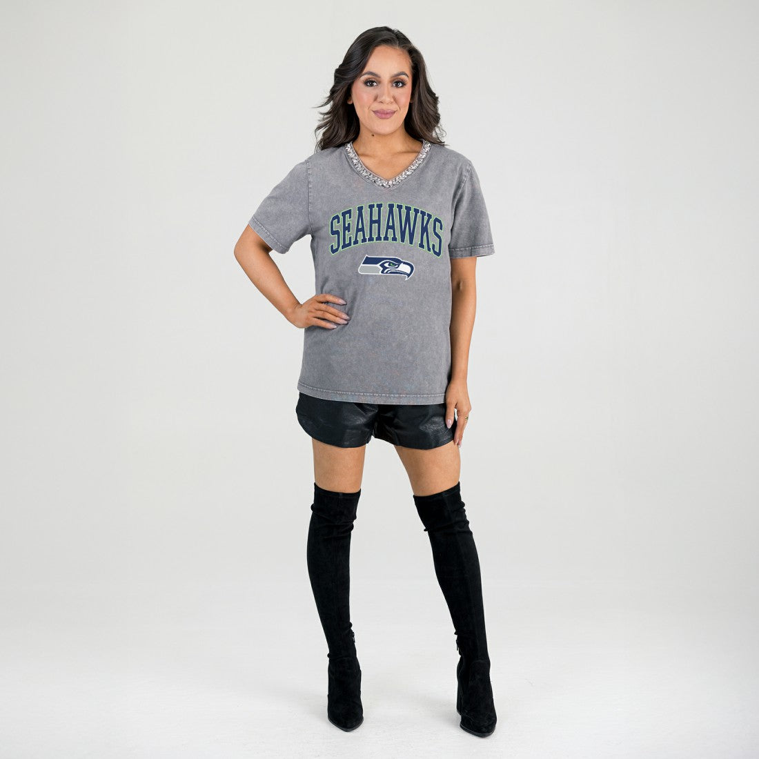 Seattle Seahawks Gameday Couture Women's Relaxed Iconic Edge Rhinestone V-Neck T-Shirt Gray | NFL