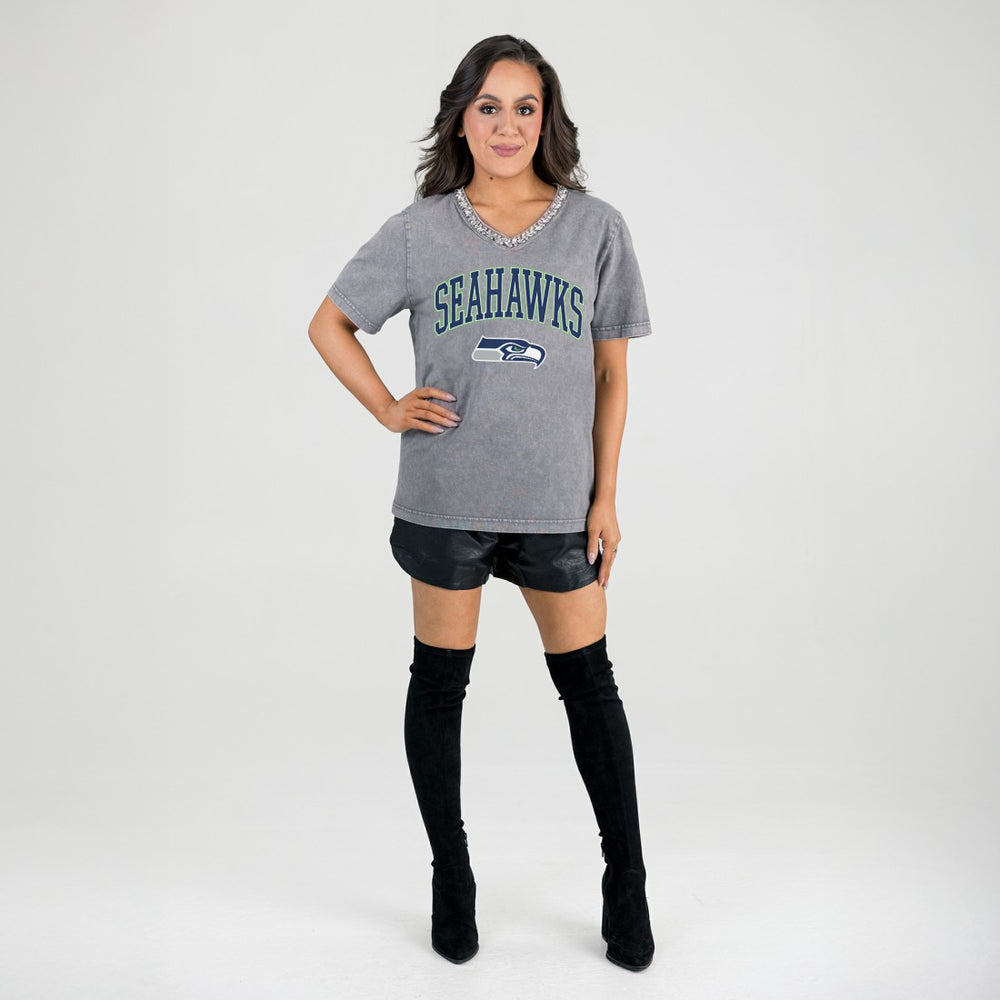 Seattle Seahawks Gameday Couture Women's Relaxed Iconic Edge Rhinestone V-Neck T-Shirt Gray | NFL
