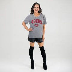 San Francisco 49ers Gameday Couture Women's Relaxed Iconic Edge Rhinestone V-Neck T-Shirt Gray | NFL