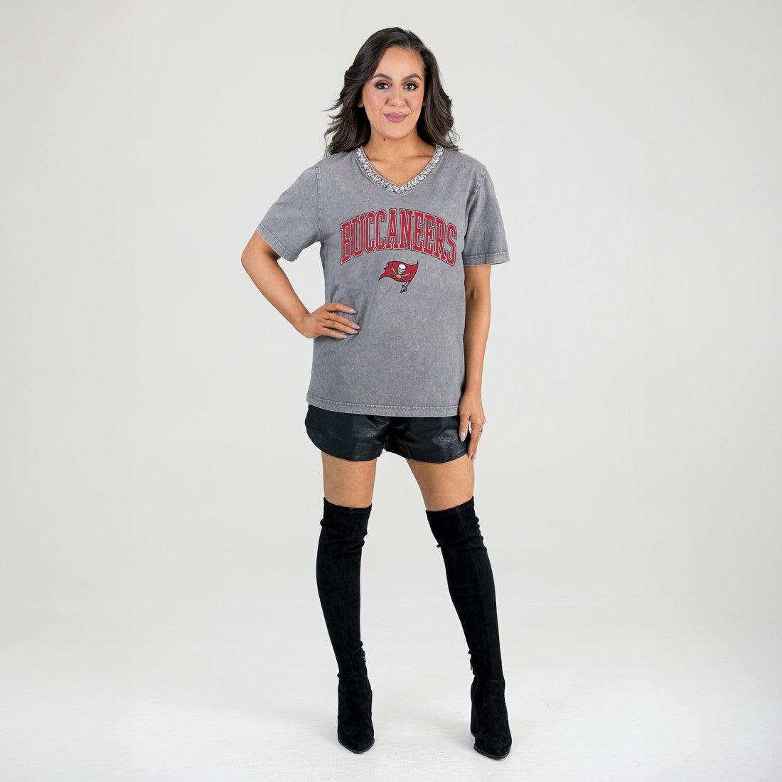 Tampa Bay Buccaneers Gameday Couture Women's Relaxed Iconic Edge Rhinestone V-Neck T-Shirt Gray | NFL