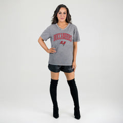 Tampa Bay Buccaneers Gameday Couture Women's Relaxed Iconic Edge Rhinestone V-Neck T-Shirt Gray | NFL