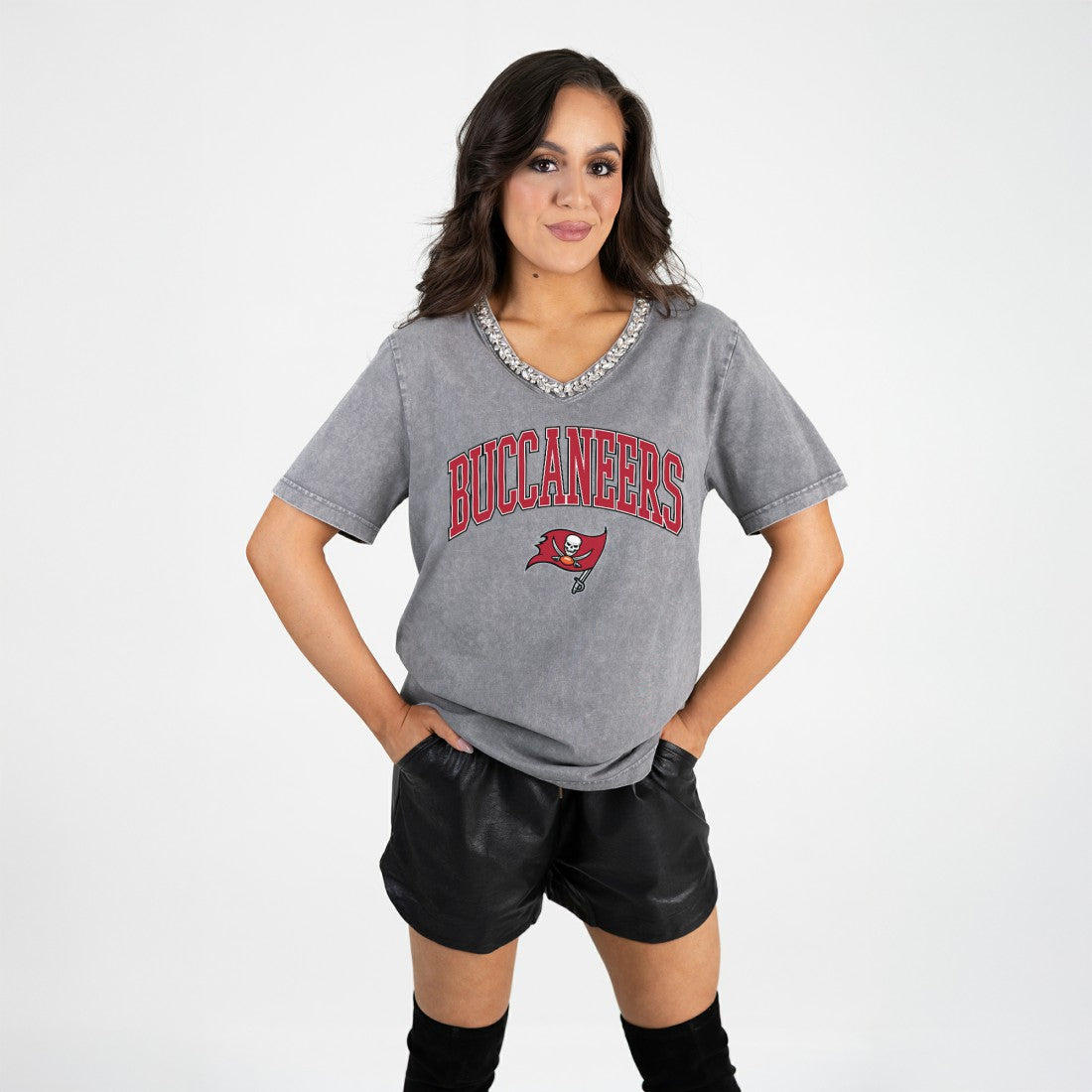 Tampa Bay Buccaneers Gameday Couture Women's Relaxed Iconic Edge Rhinestone V-Neck T-Shirt Gray | NFL