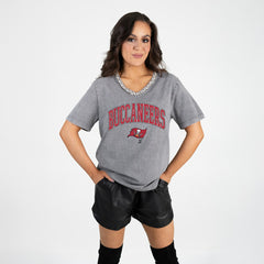 Tampa Bay Buccaneers Gameday Couture Women's Relaxed Iconic Edge Rhinestone V-Neck T-Shirt Gray | NFL