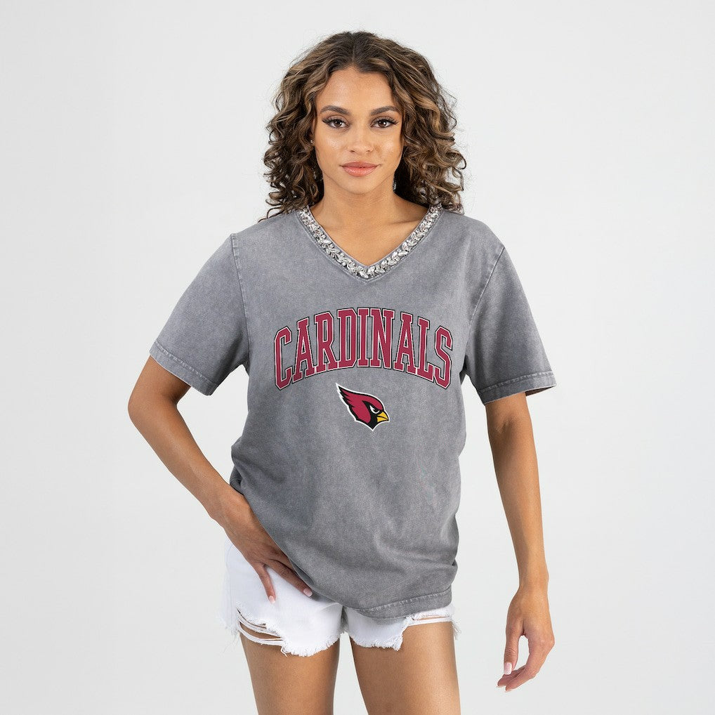 Arizona Cardinals Gameday Couture Women's Relaxed Iconic Edge Rhinestone V-Neck T-Shirt Gray | NFL