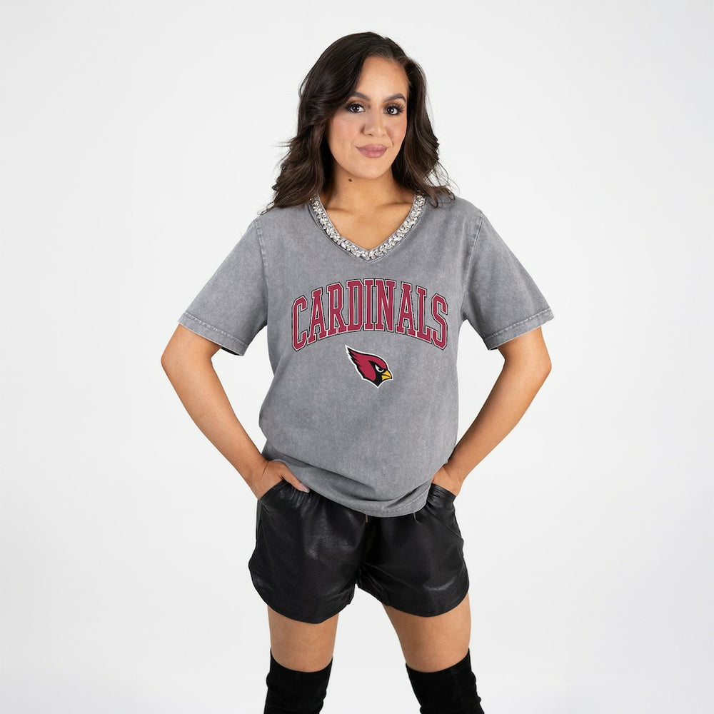 Arizona Cardinals Gameday Couture Women's Relaxed Iconic Edge Rhinestone V-Neck T-Shirt Gray | NFL
