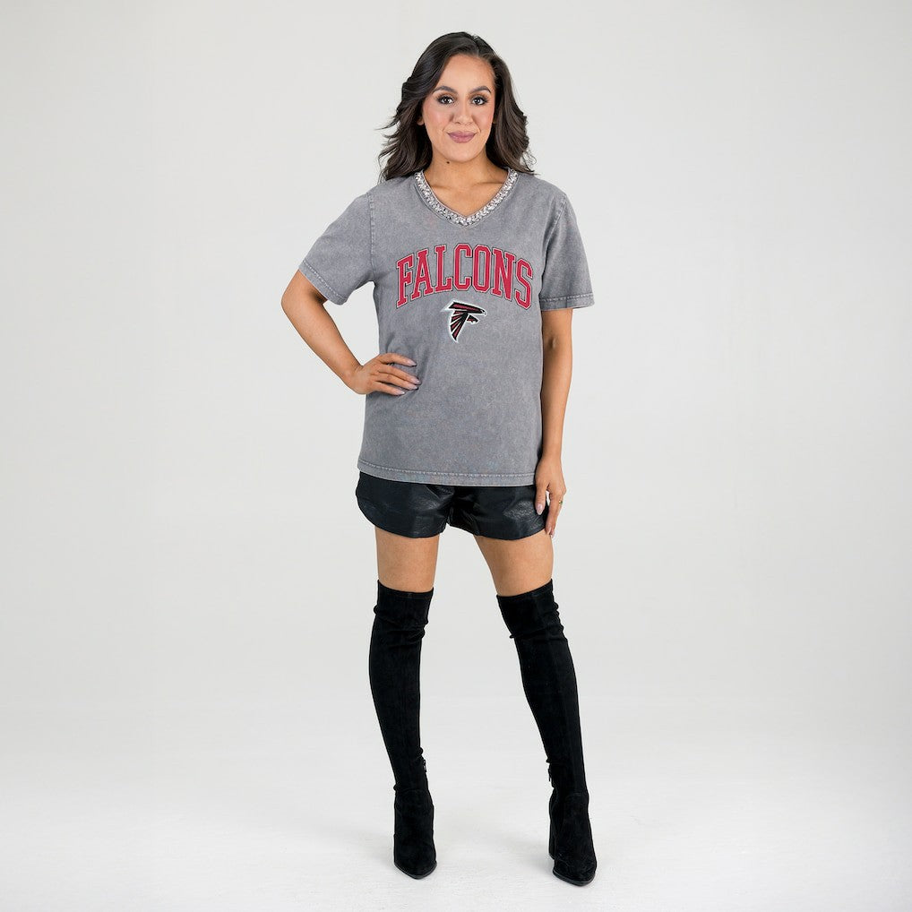 Atlanta Falcons Gameday Couture Women's Relaxed Iconic Edge Rhinestone V-Neck T-Shirt Gray | NFL