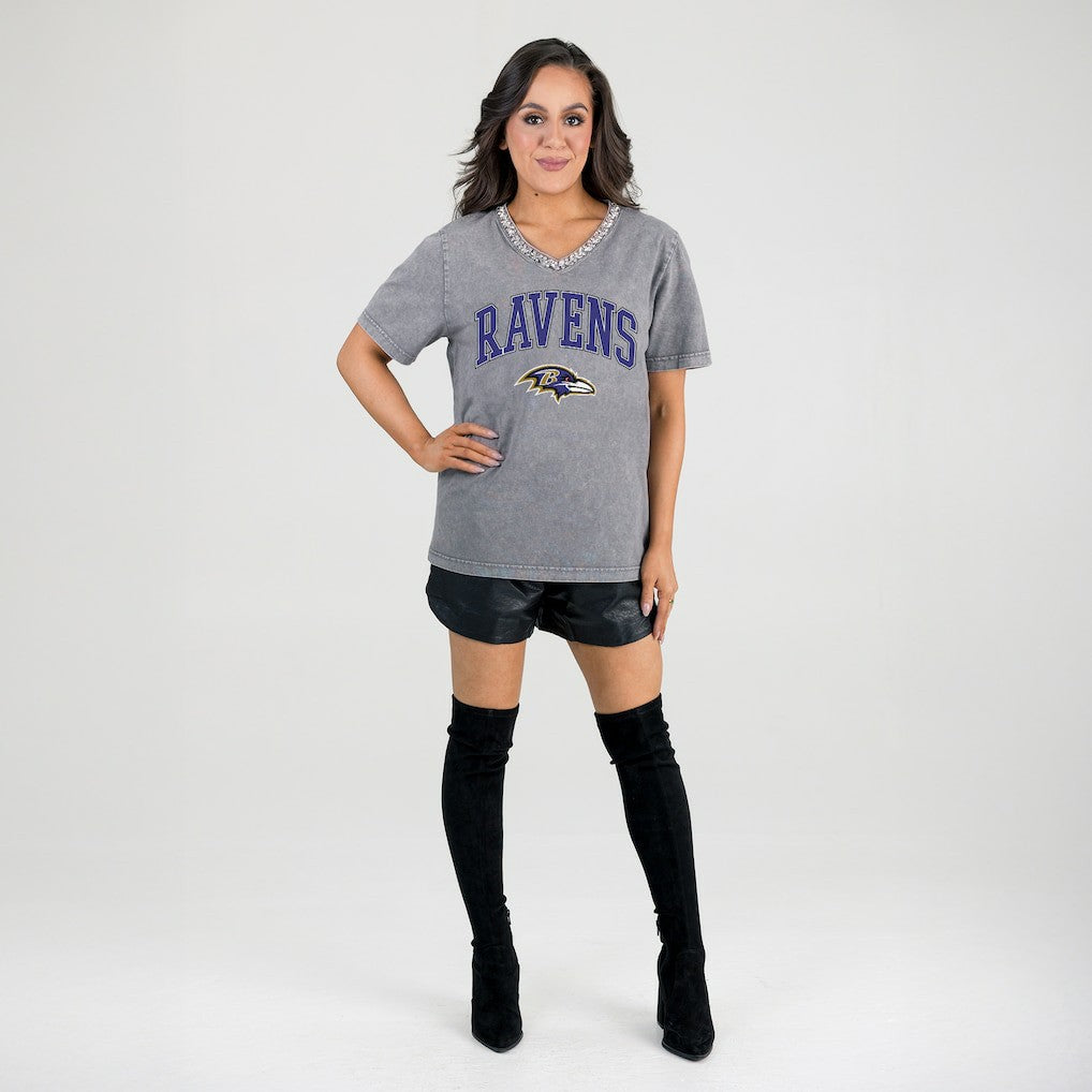 Baltimore Ravens Gameday Couture Women's Relaxed Iconic Edge Rhinestone V-Neck T-Shirt Gray | NFL