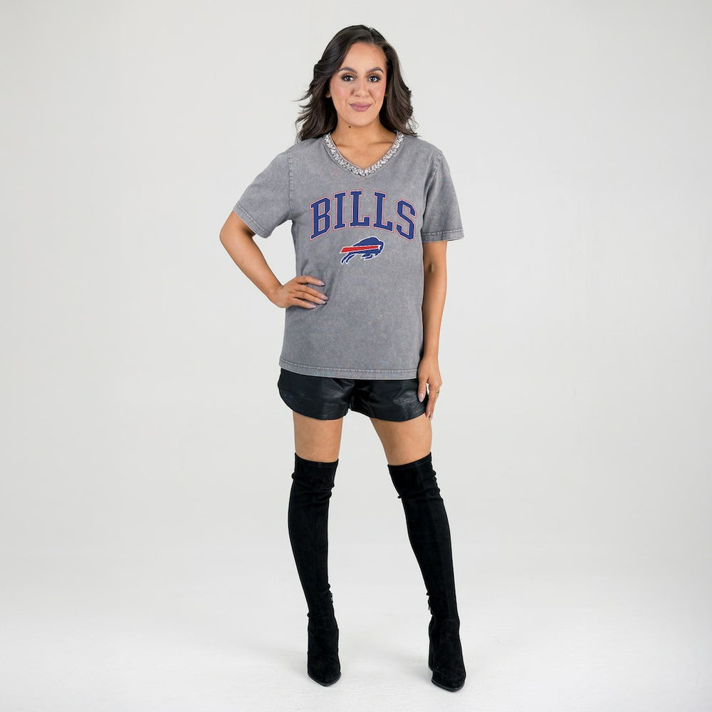Buffalo Bills Gameday Couture Women's Relaxed Iconic Edge Rhinestone V-Neck T-Shirt Gray | NFL