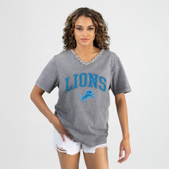 Detroit Lions Gameday Couture Women's Relaxed Iconic Edge Rhinestone V-Neck T-Shirt Gray | NFL