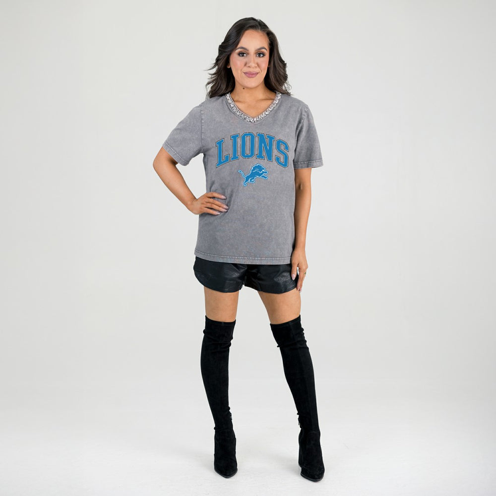 Detroit Lions Gameday Couture Women's Relaxed Iconic Edge Rhinestone V-Neck T-Shirt Gray | NFL