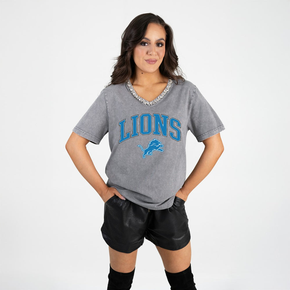 Detroit Lions Gameday Couture Women's Relaxed Iconic Edge Rhinestone V-Neck T-Shirt Gray | NFL