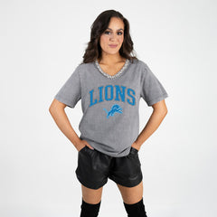 Detroit Lions Gameday Couture Women's Relaxed Iconic Edge Rhinestone V-Neck T-Shirt Gray | NFL