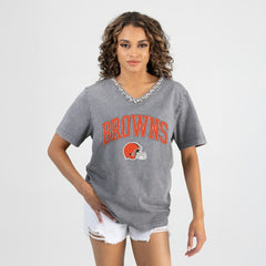 Cleveland Browns Gameday Couture Women's Relaxed Iconic Edge Rhinestone V-Neck T-Shirt Gray | NFL