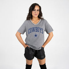 Dallas Cowboys Gameday Couture Women's Relaxed Iconic Edge Rhinestone V-Neck T-Shirt Gray | NFL