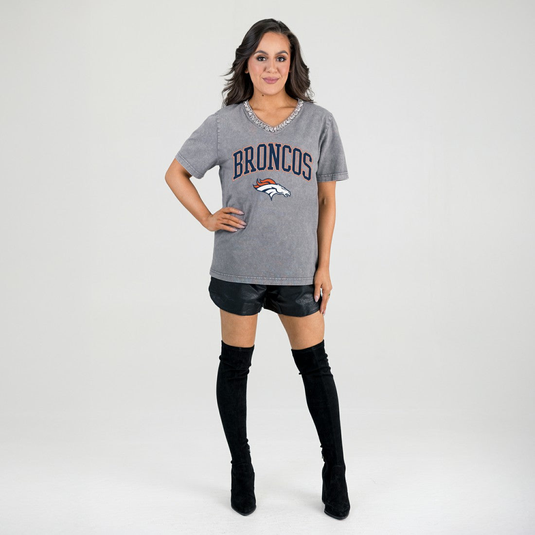 Denver Broncos Gameday Couture Women's Relaxed Iconic Edge Rhinestone V-Neck T-Shirt Gray | NFL