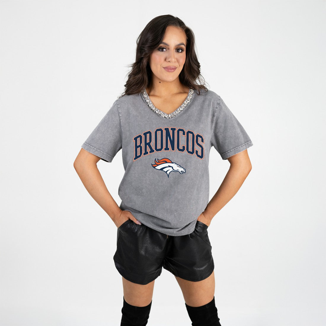 Denver Broncos Gameday Couture Women's Relaxed Iconic Edge Rhinestone V-Neck T-Shirt Gray | NFL