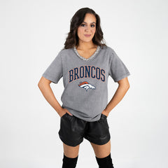 Denver Broncos Gameday Couture Women's Relaxed Iconic Edge Rhinestone V-Neck T-Shirt Gray | NFL
