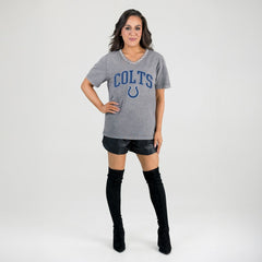 Indianapolis Colts Gameday Couture Women's Relaxed Iconic Edge Rhinestone V-Neck T-Shirt Gray | NFL