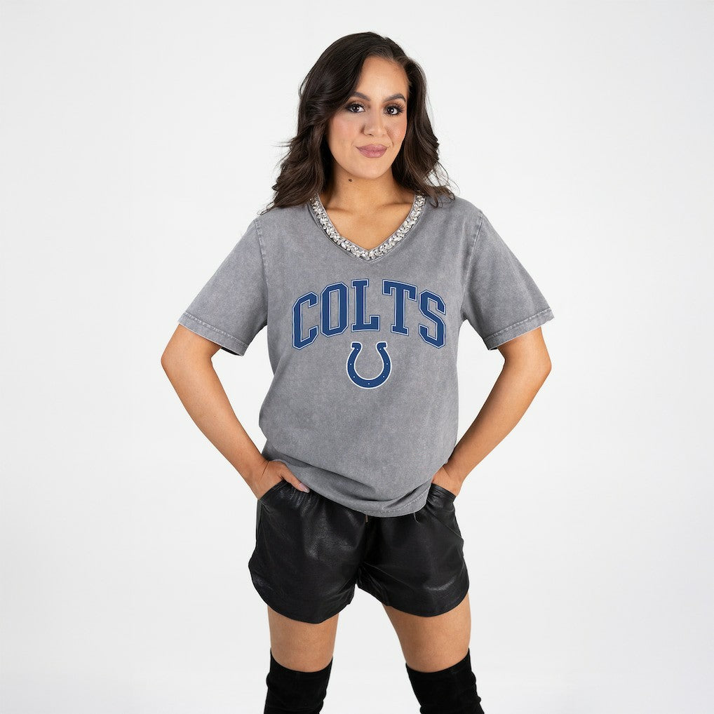 Indianapolis Colts Gameday Couture Women's Relaxed Iconic Edge Rhinestone V-Neck T-Shirt Gray | NFL