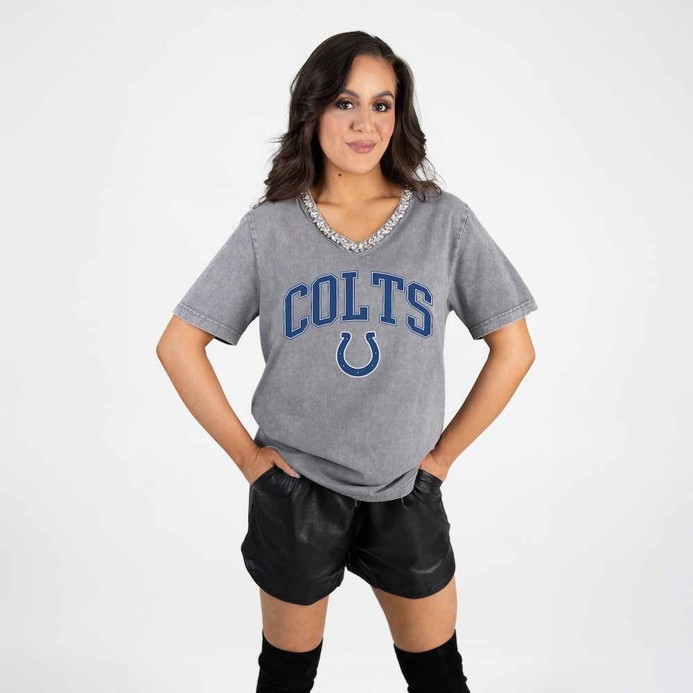 Indianapolis Colts Gameday Couture Women's Relaxed Iconic Edge Rhinestone V-Neck T-Shirt Gray | NFL