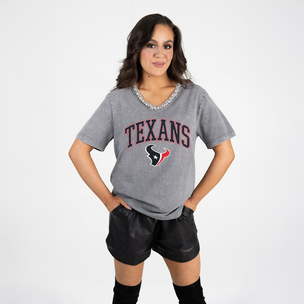 Houston Texans Gameday Couture Women's Relaxed Iconic Edge Rhinestone V-Neck T-Shirt Gray | NFL