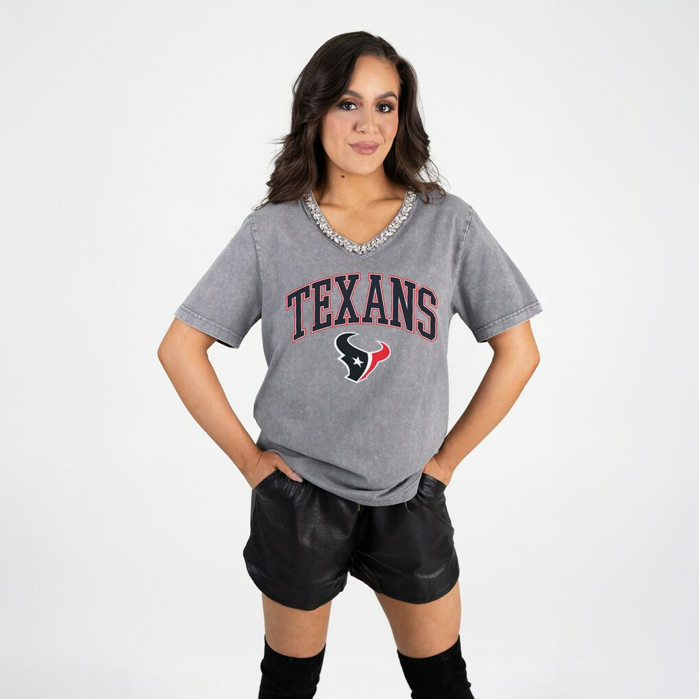 Houston Texans Gameday Couture Women's Relaxed Iconic Edge Rhinestone V-Neck T-Shirt Gray | NFL