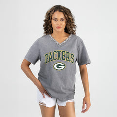 Green Bay Packers Gameday Couture Women's Relaxed Iconic Edge Rhinestone V-Neck T-Shirt Gray | NFL