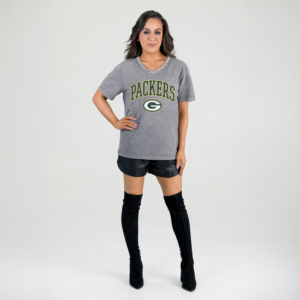 Green Bay Packers Gameday Couture Women's Relaxed Iconic Edge Rhinestone V-Neck T-Shirt Gray | NFL