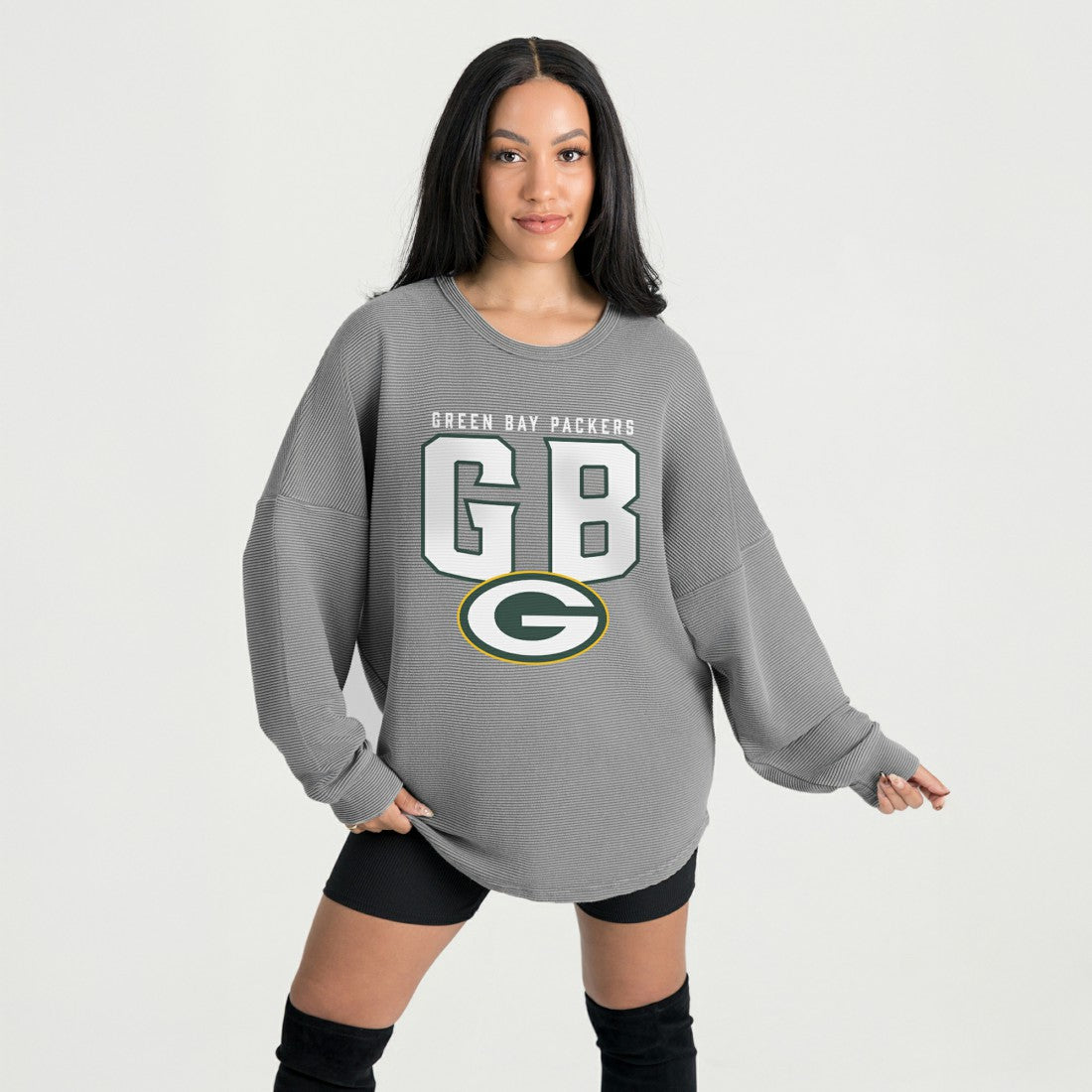 Green Bay Packers Gameday Couture Women's Oversized Pure Motion Corded Sweatshirt Gray | NFL