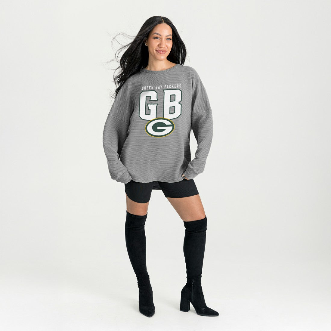 Green Bay Packers Gameday Couture Women's Oversized Pure Motion Corded Sweatshirt Gray | NFL