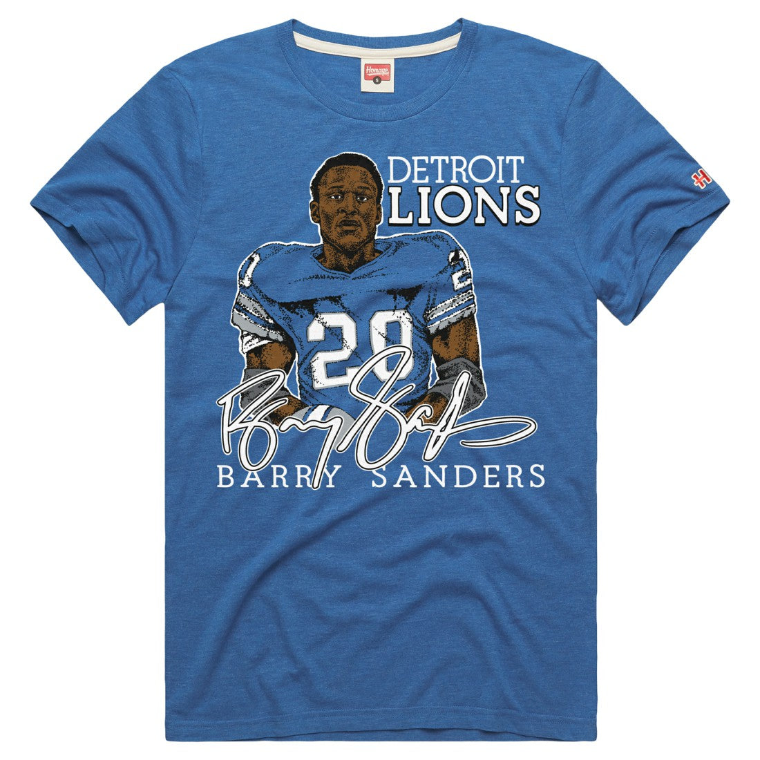 Barry Sanders Detroit Lions Homage Unisex Retired Player Classic Caricature Tri-Blend T-Shirt Blue | NFL