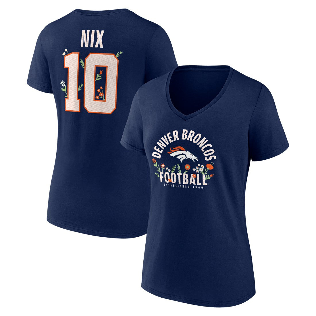 Bo Nix Denver Broncos Women's Floral Name & Number V-Neck T-Shirt Navy | NFL