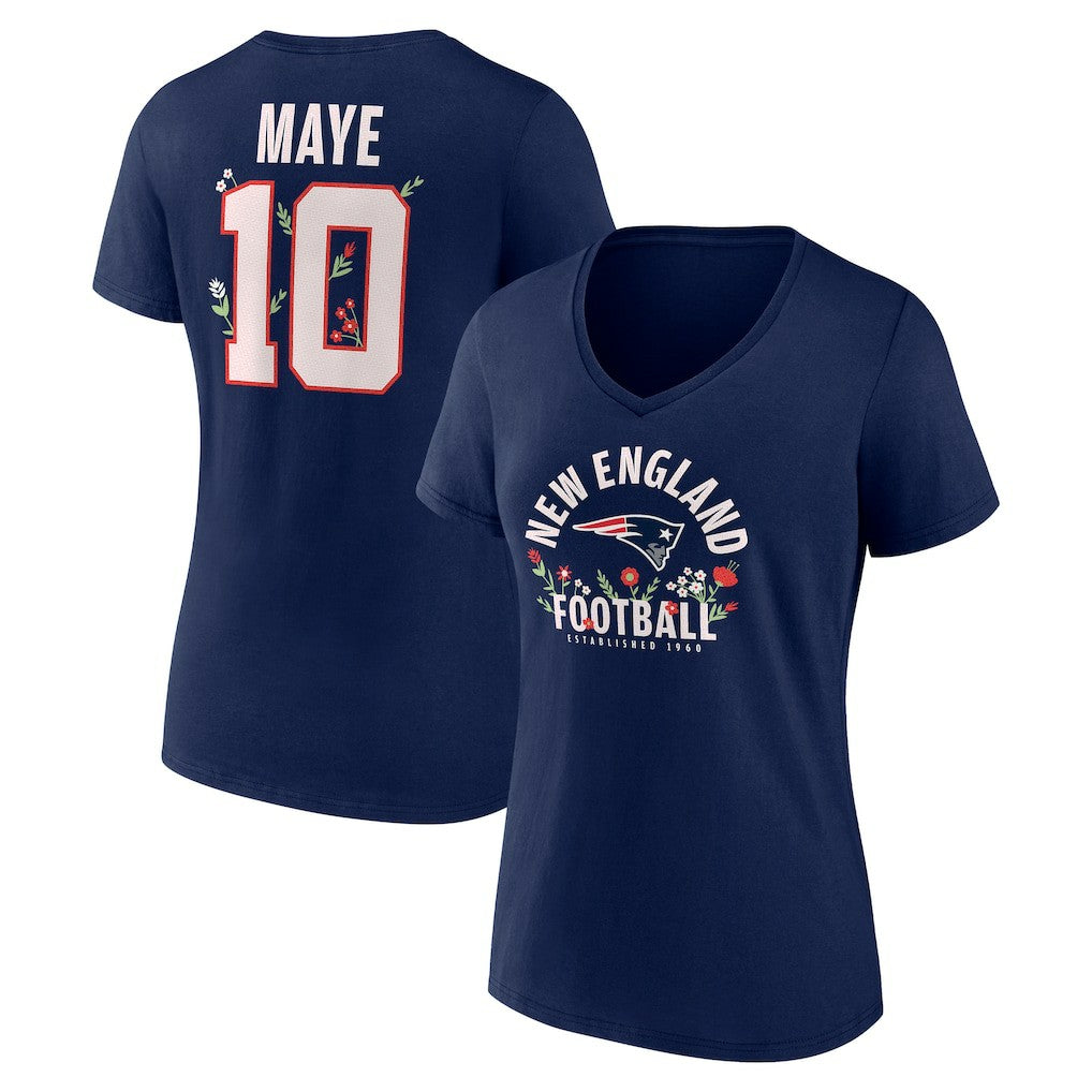 Drake Maye New England Patriots Women's Floral Name & Number V-Neck T-Shirt Navy | NFL