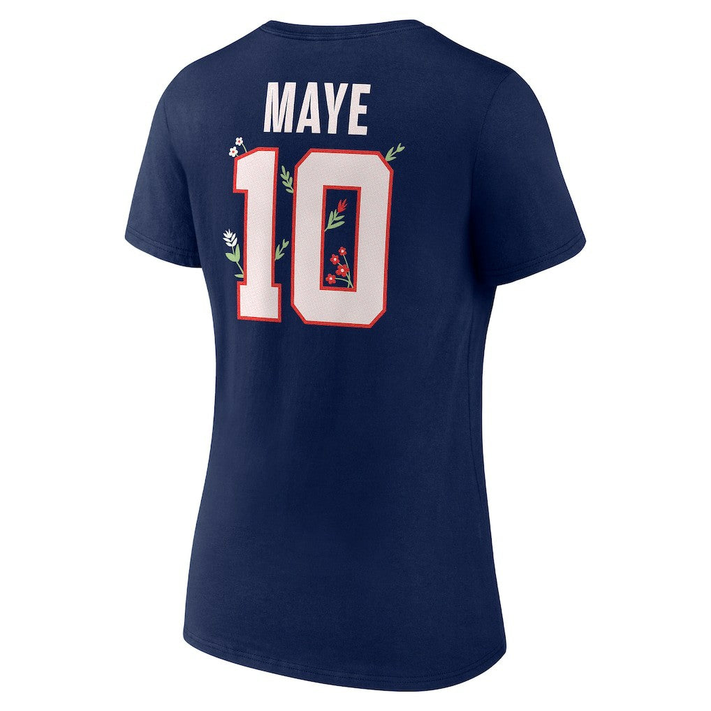Drake Maye New England Patriots Women's Floral Name & Number V-Neck T-Shirt Navy | NFL