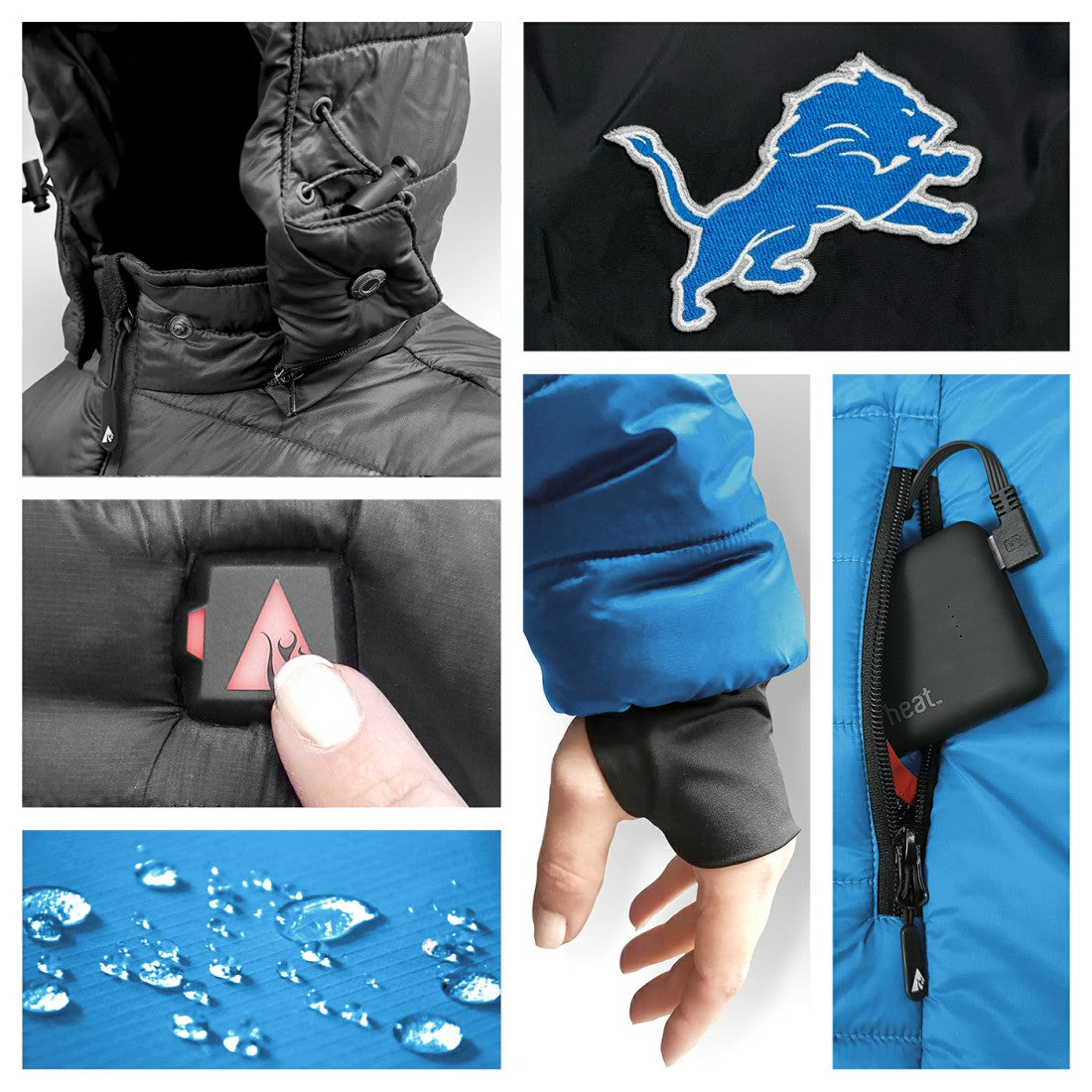 Detroit Lions ActionHeat 5V Battery Heated Colorblock Full-Zip Puffer Jacket Black/Blue | NFL
