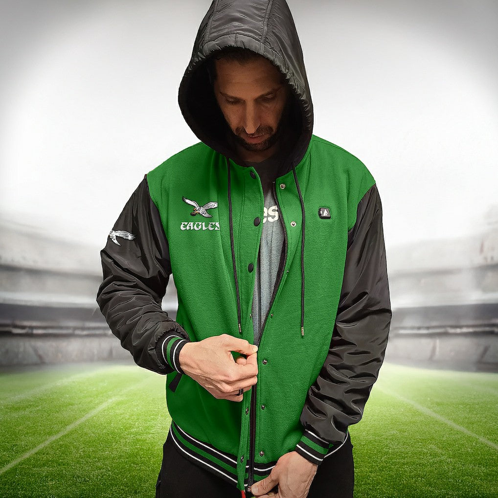 Philadelphia Eagles ActionHeat 5V Battery Heated Full-Snap Varsity Jacket Kelly Green/Black | NFL