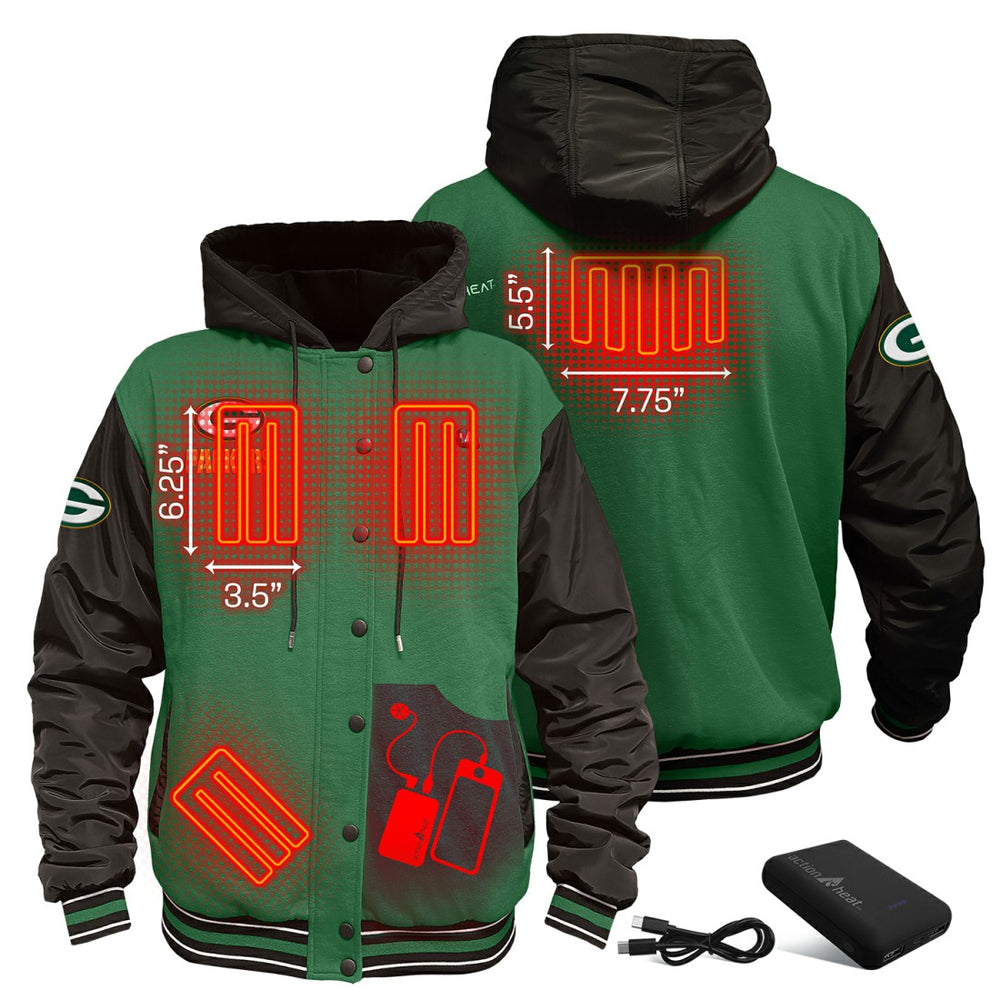 Green Bay Packers ActionHeat 5V Battery Heated Full-Snap Varsity Jacket Green/Black | NFL