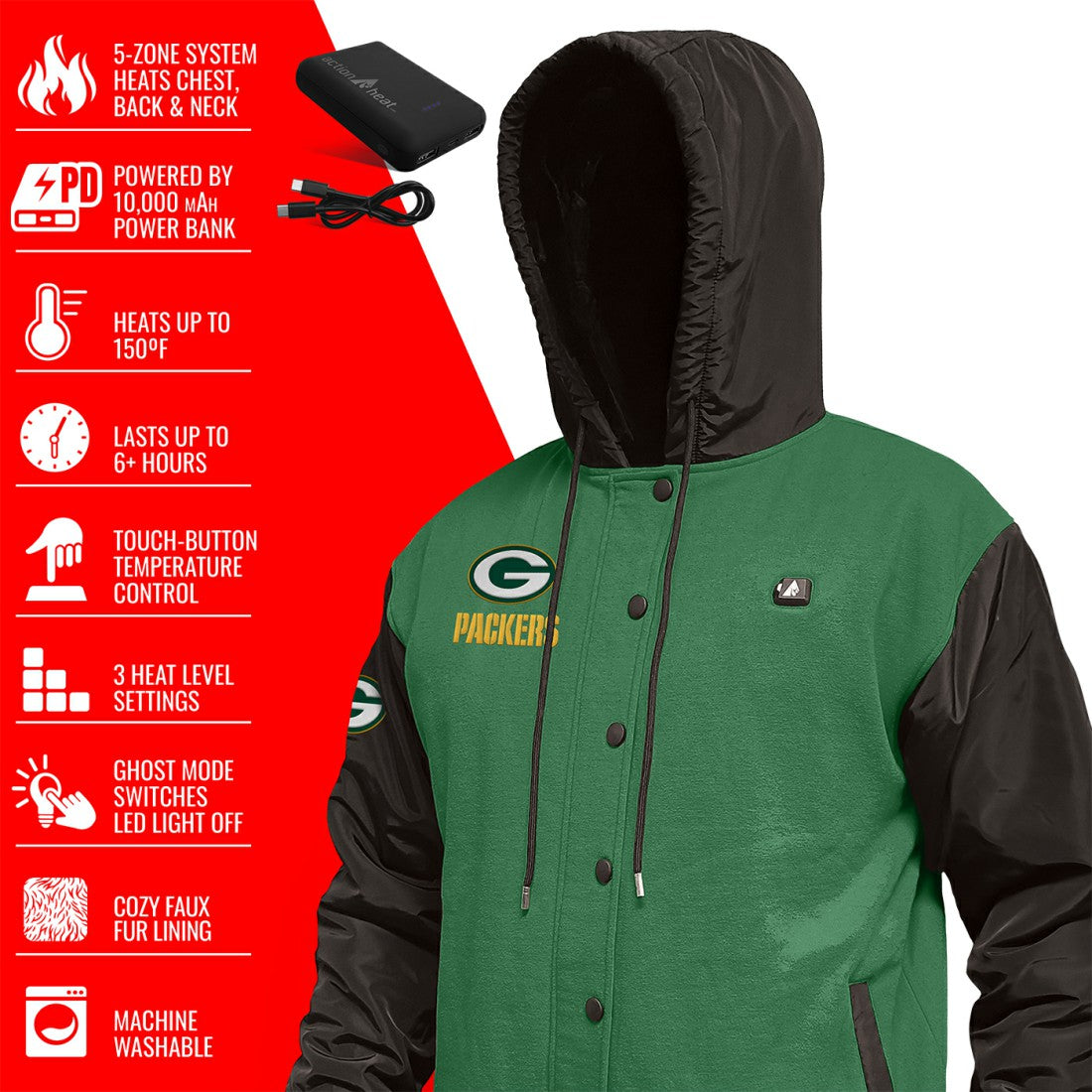 Green Bay Packers ActionHeat 5V Battery Heated Full-Snap Varsity Jacket Green/Black | NFL