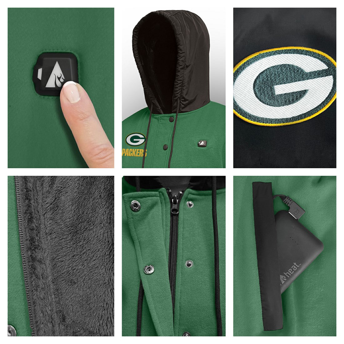 Green Bay Packers ActionHeat 5V Battery Heated Full-Snap Varsity Jacket Green/Black | NFL